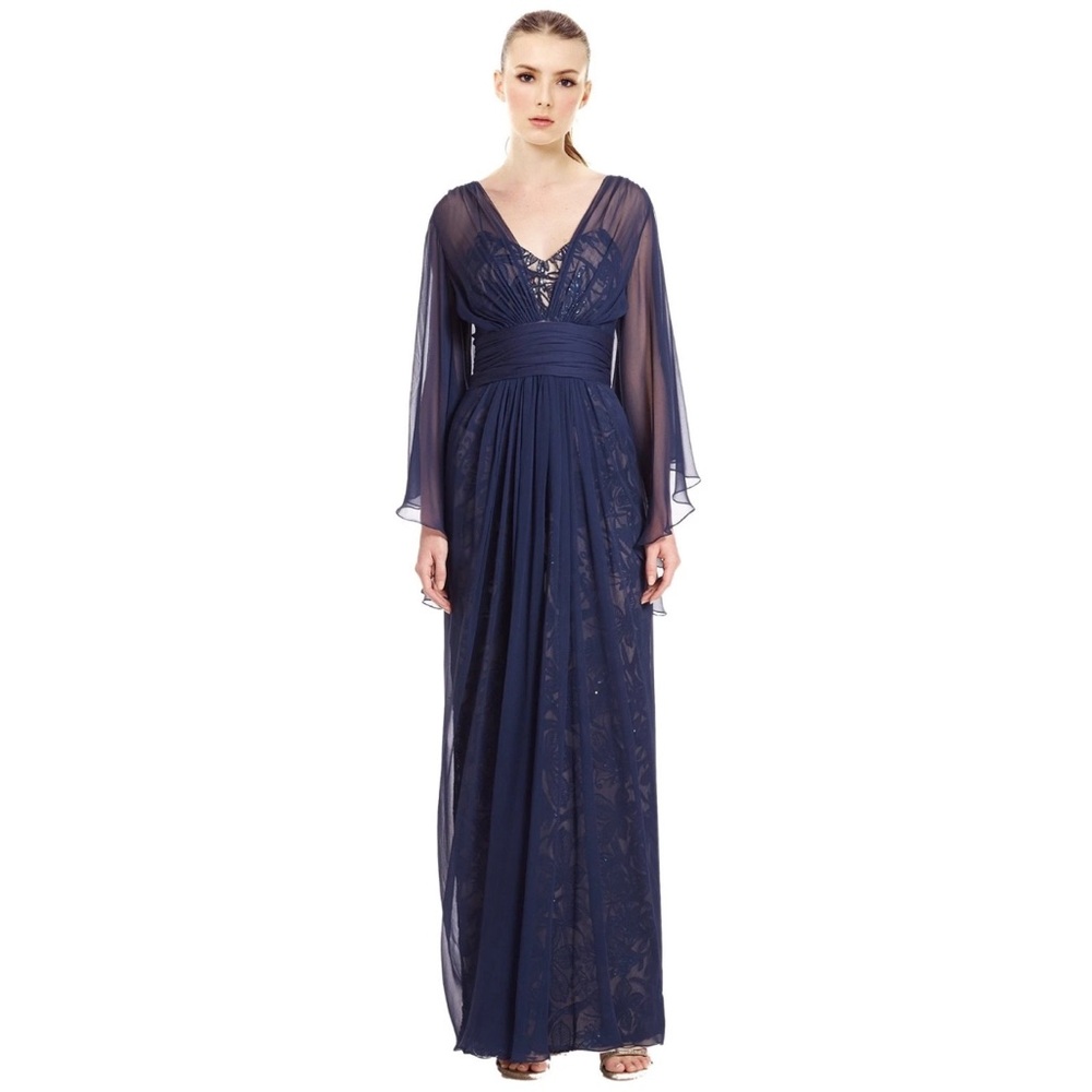 Rickie Freeman for Teri Jon Capelet Chiffon Over Lace Silk Gown EUC size 8 Navy